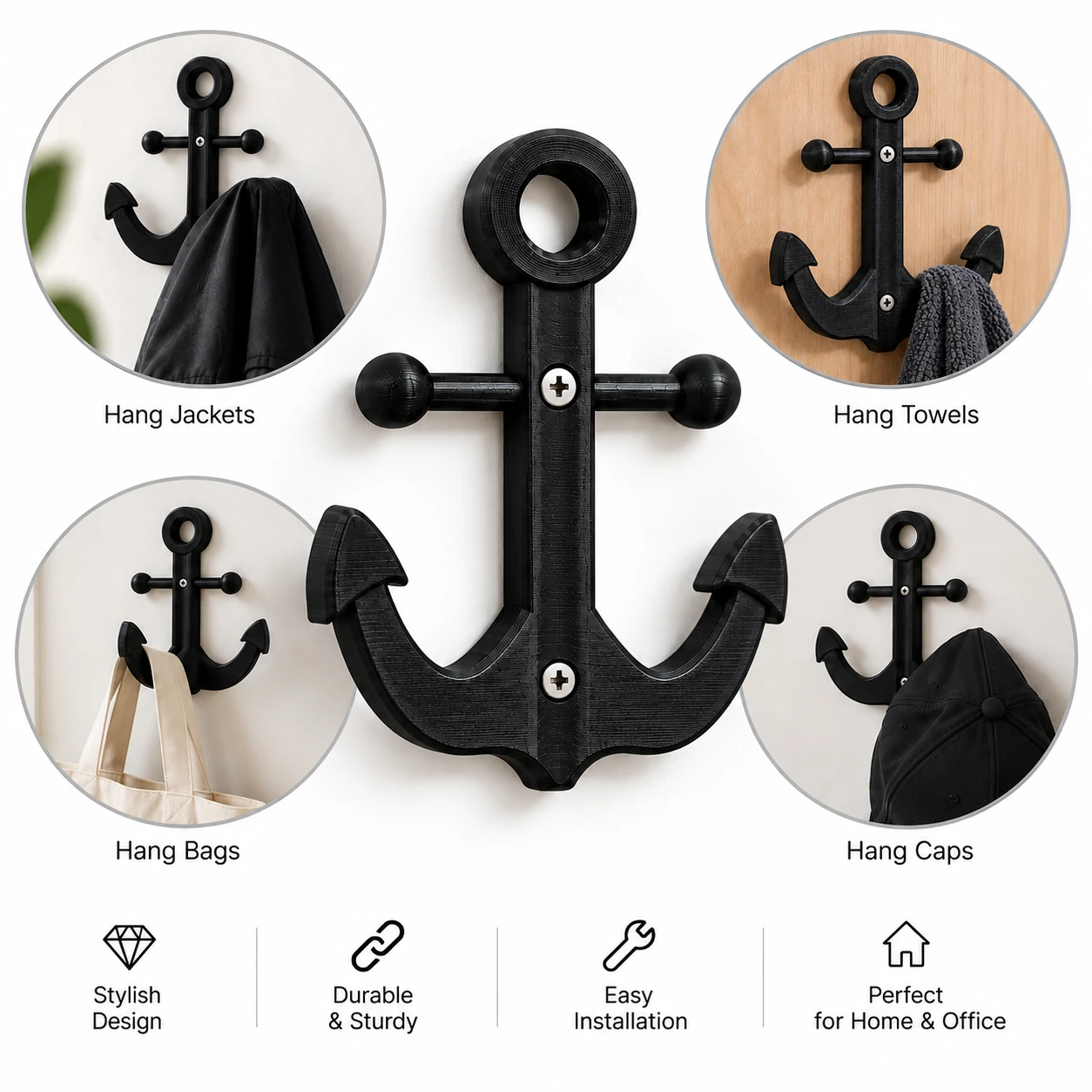 Heavy-Duty 3D Printed Nautical Anchor Wall Hook