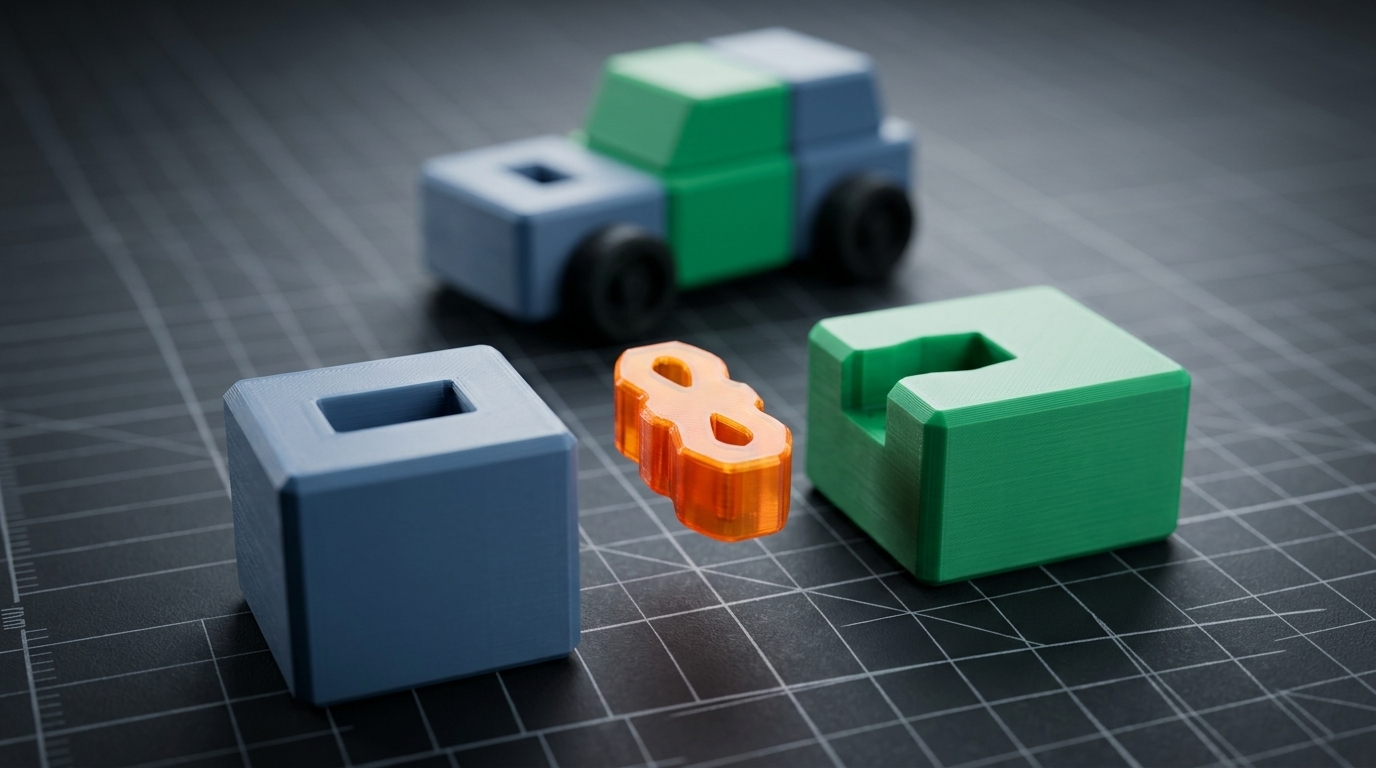 AI Hero Visualization of Modular 3D Printed Toy Car Kit with Orange Spring-Eyelet Snap Connector